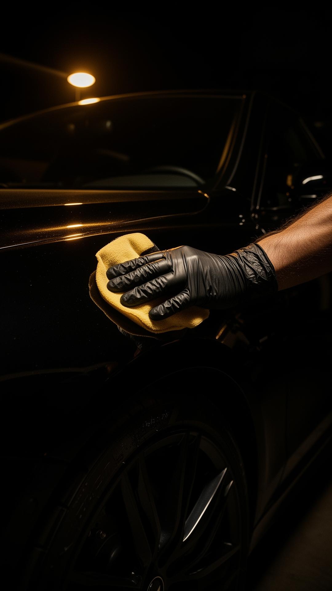 Detailer's gloved hand polishing a black fender under warm light
