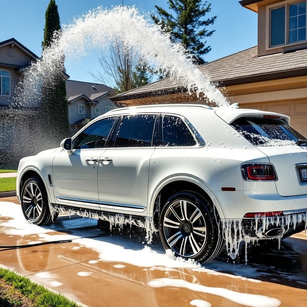 White SUV with foam wash